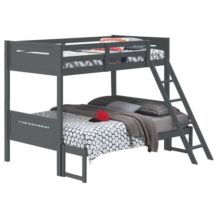 Amey Twin over Full Bunk Bed, Guard Rails, Attached Ladder, Gray Wood - Benzara