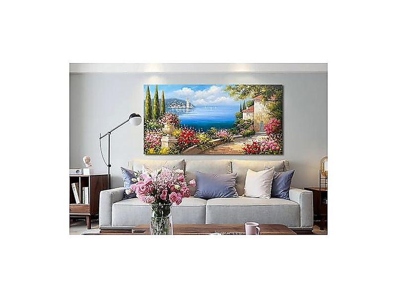Landscape Wall Art Mediterranean Seascape Tree Pink Flower Blue Ocean Modern image number 2