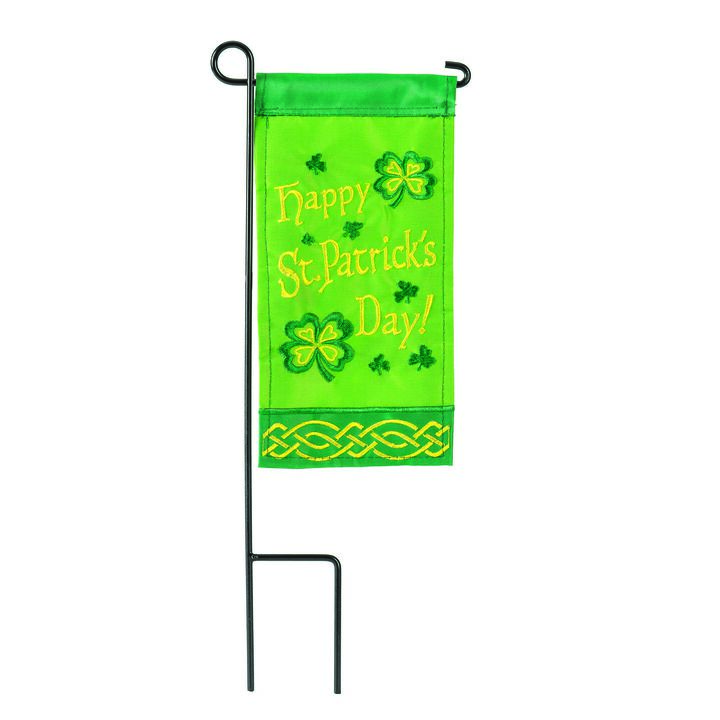 Green and Yellow Double Applique Happy St Patrick's Day Outdoor Garden Flag with Pole 8.5" x 4"