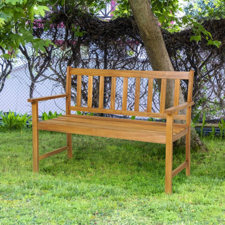 Hivvago 2-Person Patio Acacia Wood Bench with Backrest and Armrests