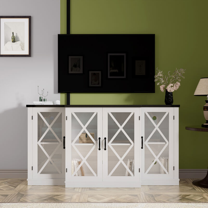 Farmhouse TV Stand for 70" TV, Wooden Media TV Console Entertainment Center with 4 Glass Door, Height Adjustable Shelves and Storage, White