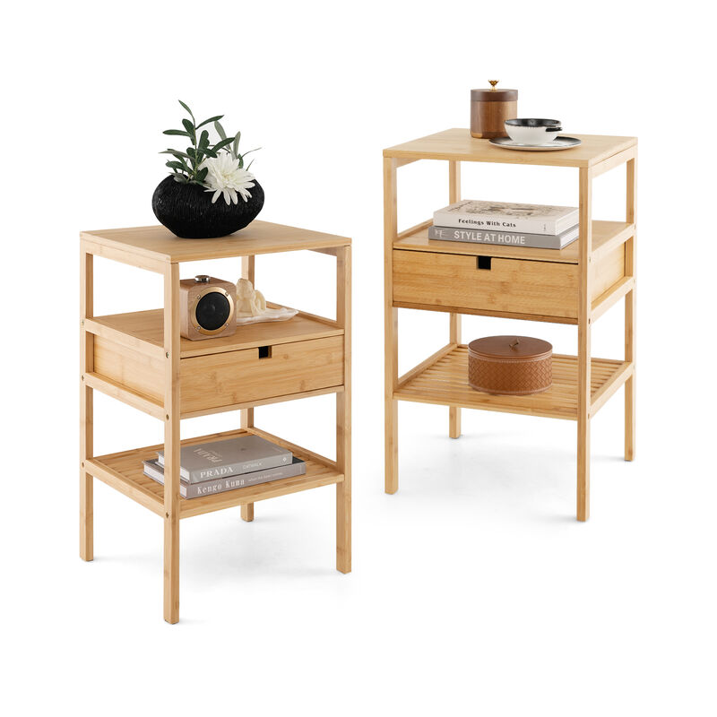 Nightstand Set of 2 Bamboo End Table with 2 Open Shelves and Drawer-Set of 2