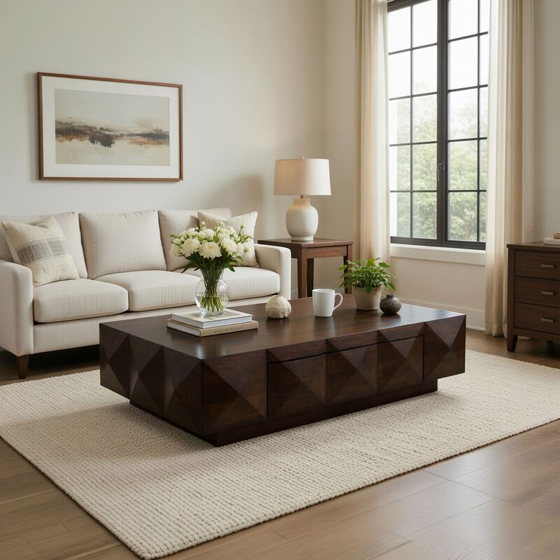 Jisaku 48 Inch Coffee Table with Storage Drawer, 3D Diamond Carved Panels, Walnut Brown Mango Wood image number 1