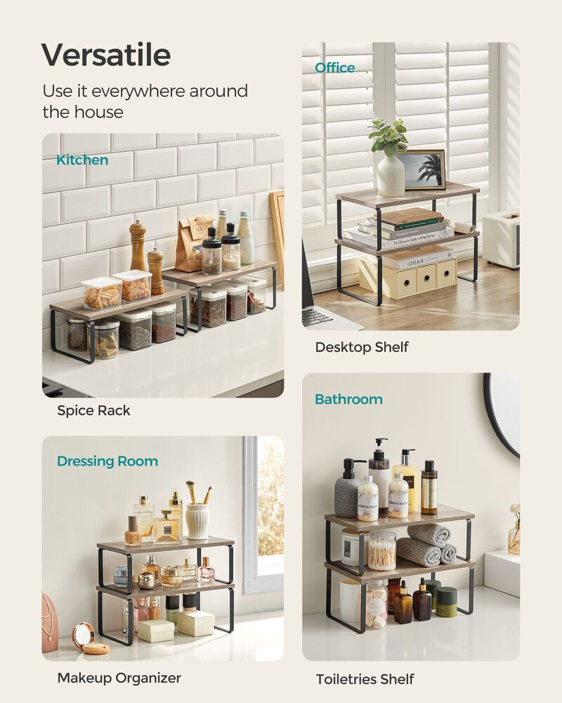 Set of 2 Cabinet Shelf Organizers Stackable, Expandable Metal and Bamboo Kitchen Counter Shelves