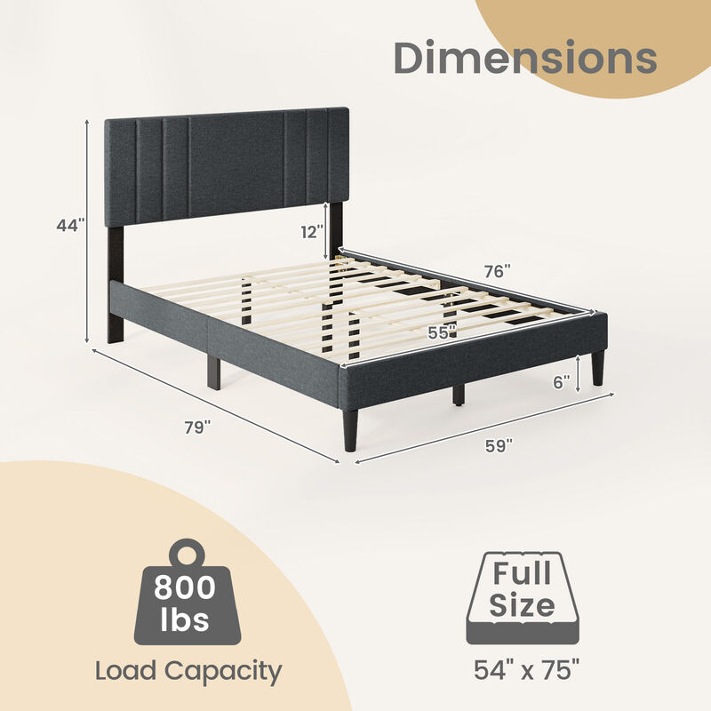 Tufted Headboard Bed Frame with Vertical Panels and Wood Slats for Support