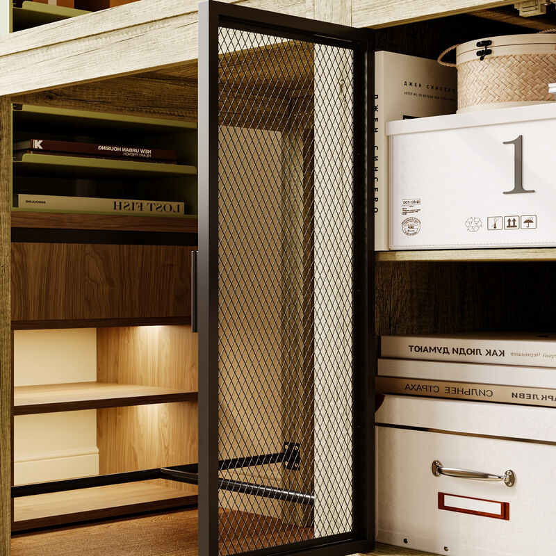 FUFU&GAGA White Oak Textured Office Desk with Metal Mesh Cabinet Door and Adjustable Shelf, Modern Workstation Table (63 in. L x 31.5 in. W x 38.6 in. H),White Oak