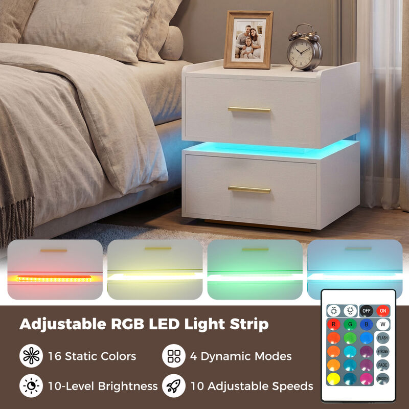 Modern Nightstand with LED Light, Charging Station and 2 Storage Drawers image number 5