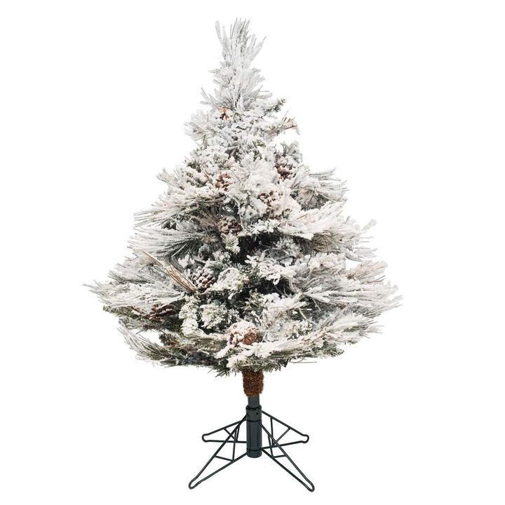 Vickerman Unlit Flockeded Alberta Artificial Christmas Tree with Artificial Pine Cones, 3.5' x 35""" (A155235)