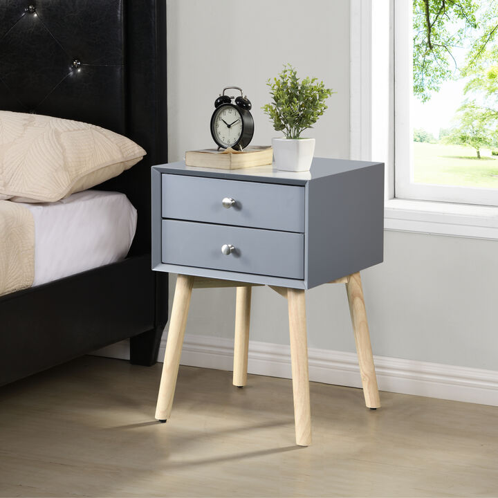 Side Table, Bedside Table with 2 Drawers and Rubber Wood Legs, Mid-Century Modern Storage Cabinet for Bedroom Living Room, Gray