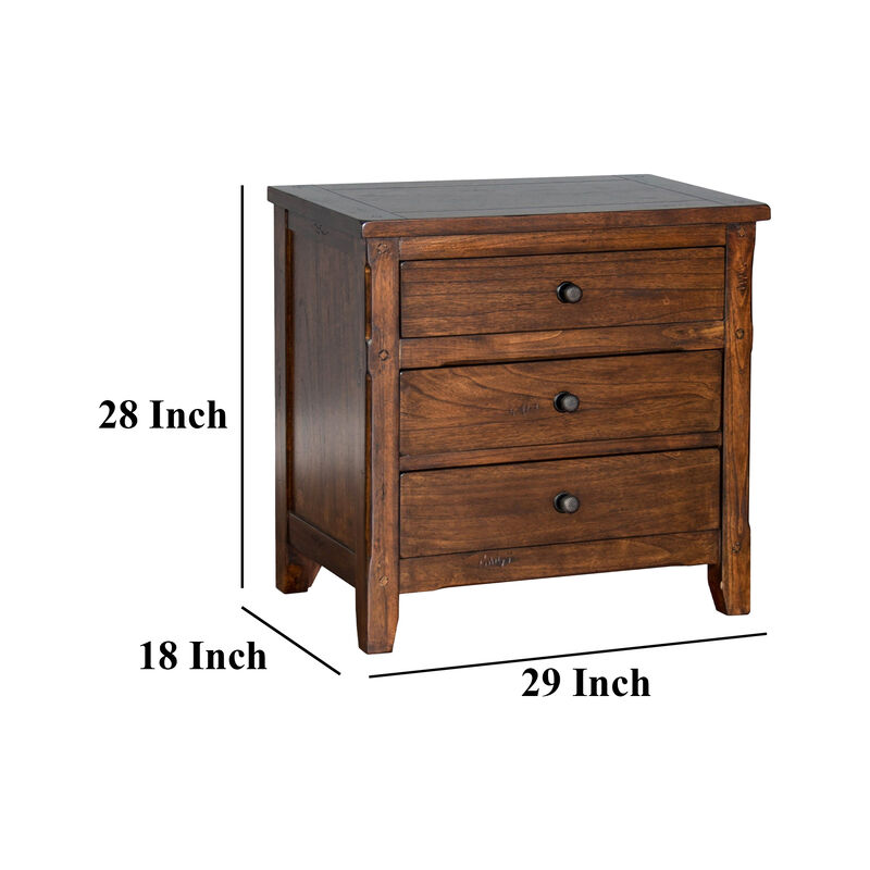Odell Nightstand, 3 Drawers, Bronze, Rustic Dark Brown Solid Wood - Benzara