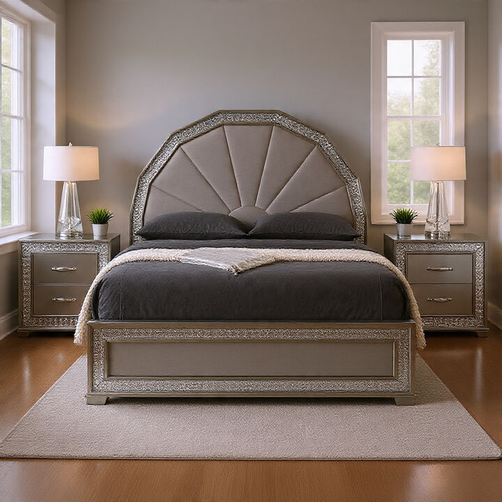 Queen Bedroom Set, Metallic Gray, Silver Wood, 3 Piece Set with 2 Nightstands
