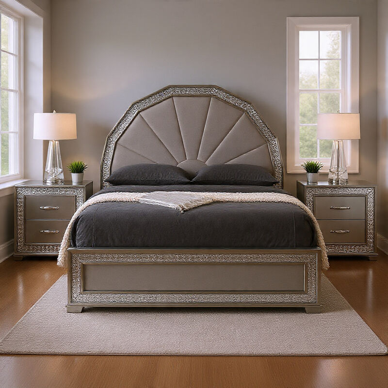 Queen Bedroom Set, Metallic Gray, Silver Wood, 3 Piece Set with 2 Nightstands image number 1