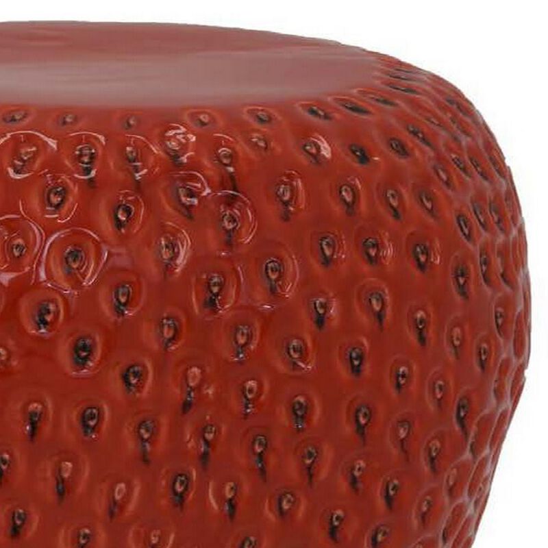 Oriha 18 Inch Plant Stand Garden Stool, Strawberry, Dotted, Red Ceramic - Benzara
