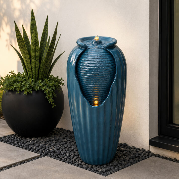 Teamson Home Indoor/Outdoor Contemporary Vase Water Fountain with LED Lights, Blue