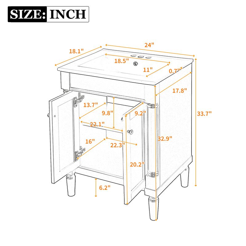 24" Freestanding Bathroom Vanity with Ceramic Sink, 2-Tier Storage Cabinet, 2 Soft-Close Doors image number 5