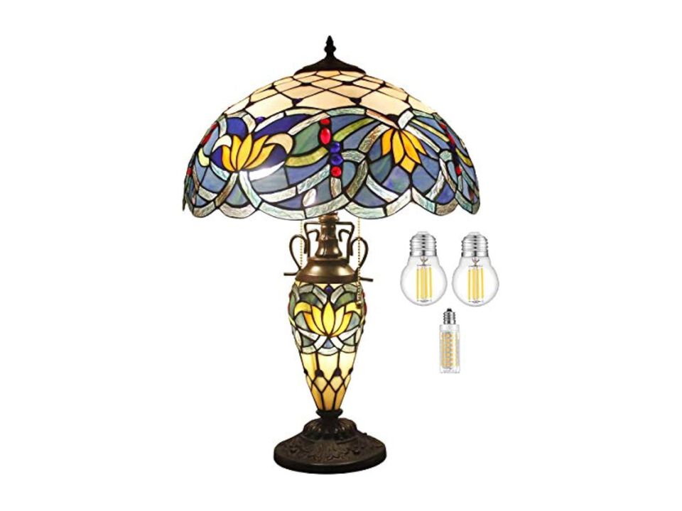 Tiffany Style Stained Glass Lotus Table Lamp For Living Room Bedroom Home Office