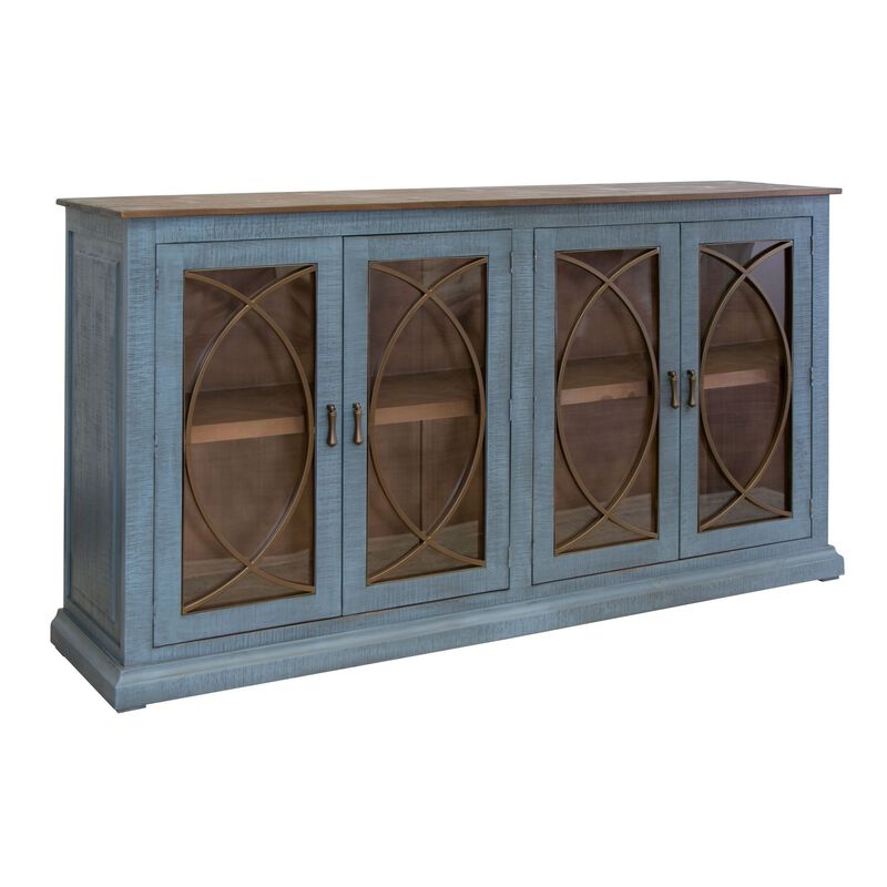 Miln 77 Inch Sideboard Console, Blue Pine Wood, 4 Doors, Gold Accents image number 0