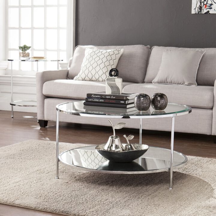Hivvago 34 Inch  Chrome Glass And Metal Round Mirrored Coffee Table