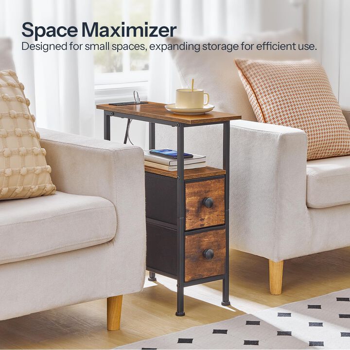 HOOBRO End Table with Charging Station, Narrow Side Table with 2 Fabric Drawers, Skinny Nightstand with Storage, Slim Bedside Ta