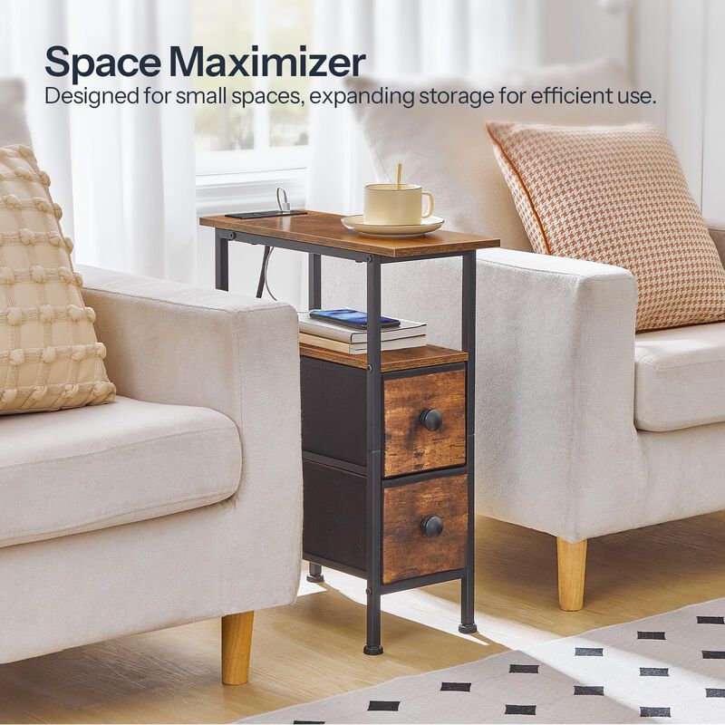 HOOBRO End Table with Charging Station, Narrow Side Table with 2 Fabric Drawers, Skinny Nightstand with Storage, Slim Bedside Ta