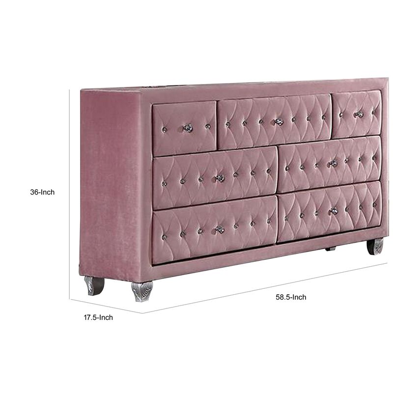 Benjara Zoha 59 Inch Wide Dresser Chest, 7 Drawer, Solid Wood, Upholstery, Pink and Silver