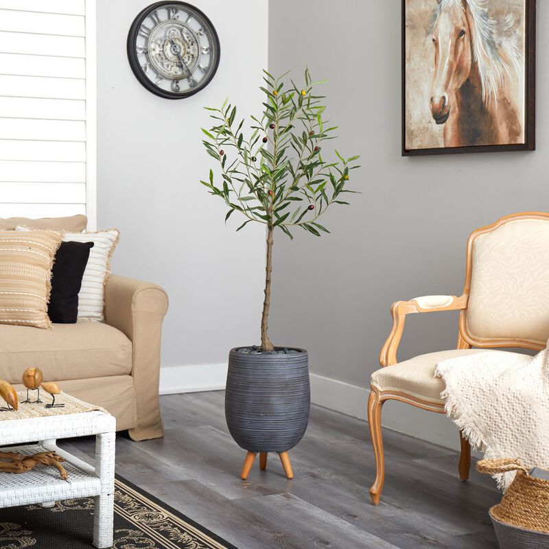HomPlanti 4.5 Feet Olive Artificial Tree in Gray Planter with Stand