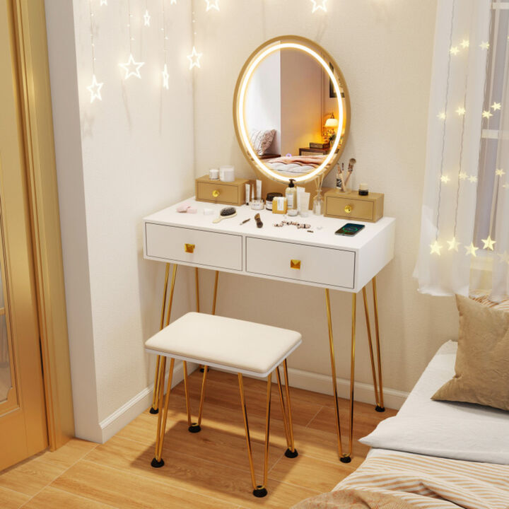 Vanity Table Set with 3-Color Lighted Dimmable Mirror