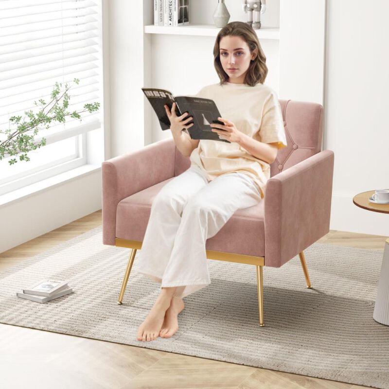 Modern Velvet Accent Chair with Button Tufted Back Golden Metal Legs and Adjustable Foot Pads image number 3