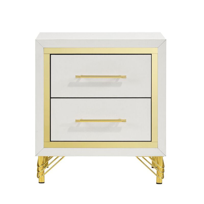 Simple Relax 2 Drawers Wooden Nightstand with Metal Handles in White and Gold image number 0