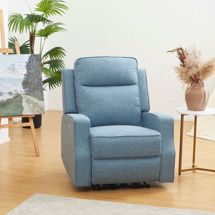 Electric Power Recliner, Wall Hugger Recliner Chair Armchair Sofa with Linen Upholstered Seat & Retractable Footrest, Blue