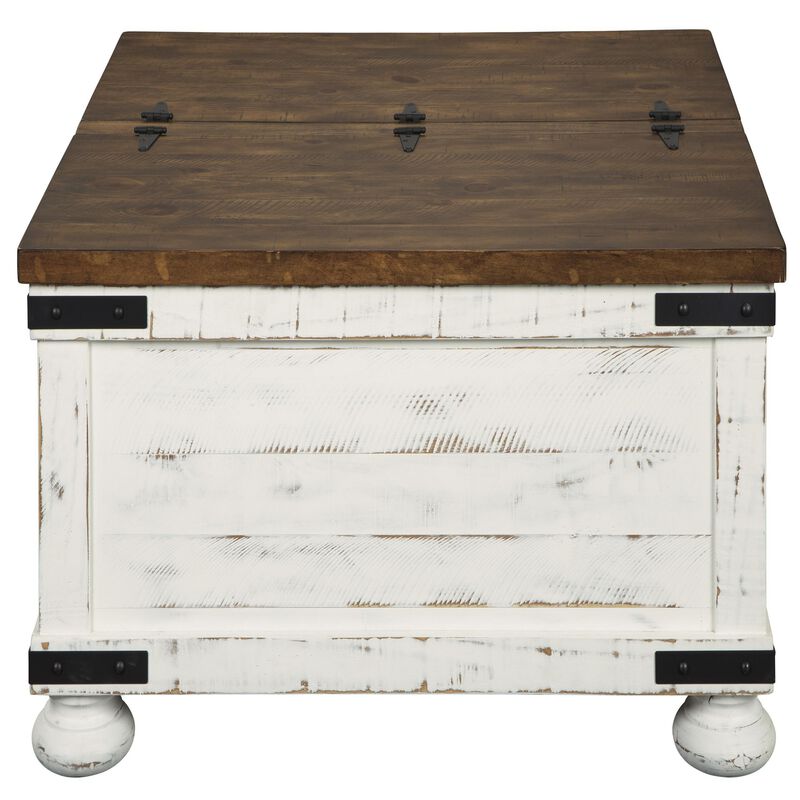 Farmhouse Two Tone Cocktail Table with Lift Top Storage, Brown and White-Benzara