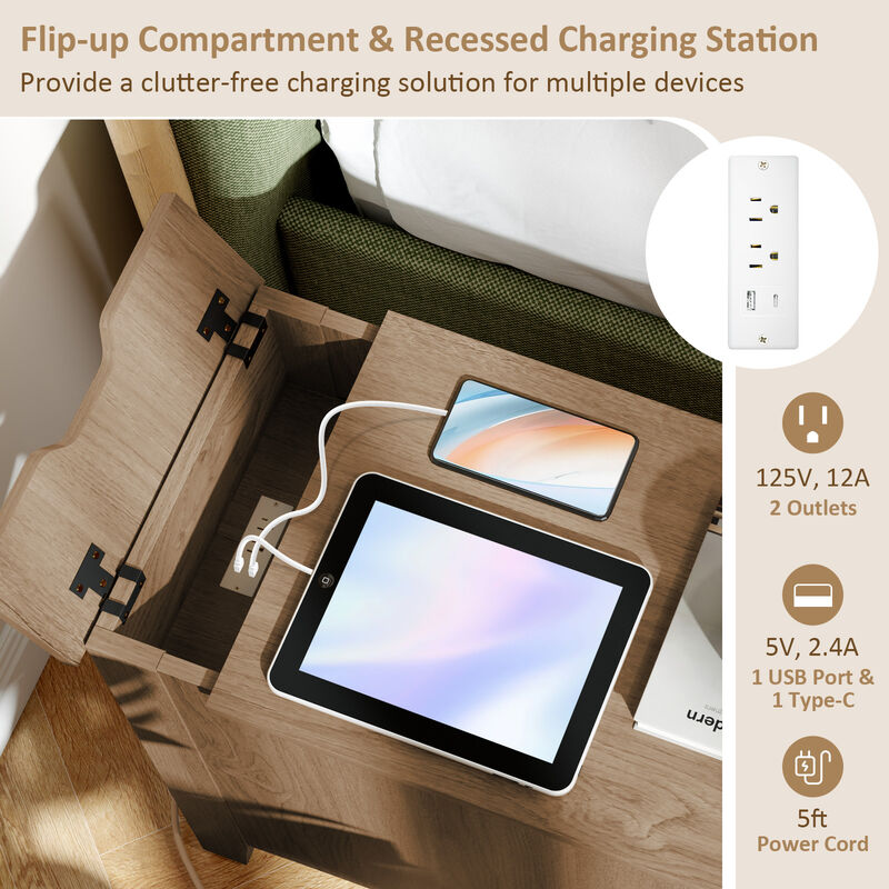 Flip Top End Table with Charging Station USB Ports Outlets and Drawer image number 7