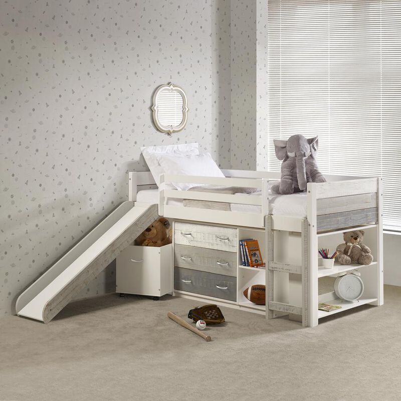 Donco Kids Twin Panel Low Loft Set With Slide & Case Pieces In Two-Tone Grey/White Finish