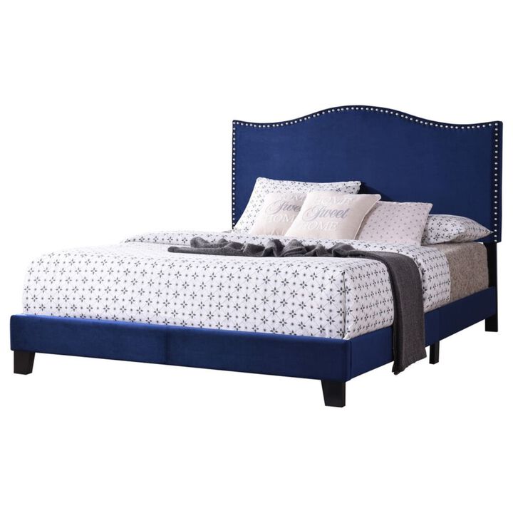 Skye Upholstered Panel Bed, Blue Velvet, Full, With Solid Wood Legs, Nailhead Headboard, Footboard, Rails, Slats
