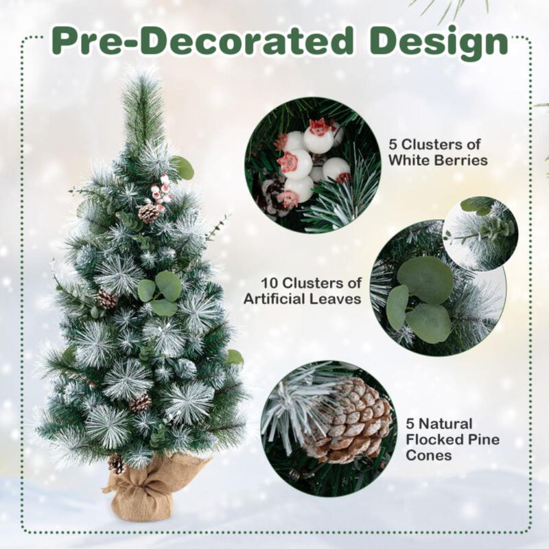 Hivvago 3 FT Pre-Lit Artificial Mini Christmas Tree with 98 Flocked PVC and Pine Needles