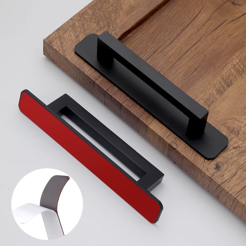 Westablize 12 Pack 5 Inch 128 mm Self-Adhesive Matte Black Square Cabinet Handles with Base Plate Aluminum Cabinet Pulls for Sli