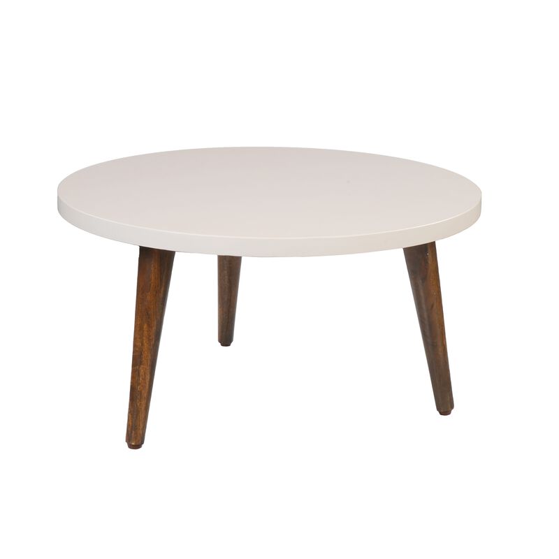 24 Inch Modern Coffee Table, Round Off White MDF Top, Tapered Brown Mango Wood Legs