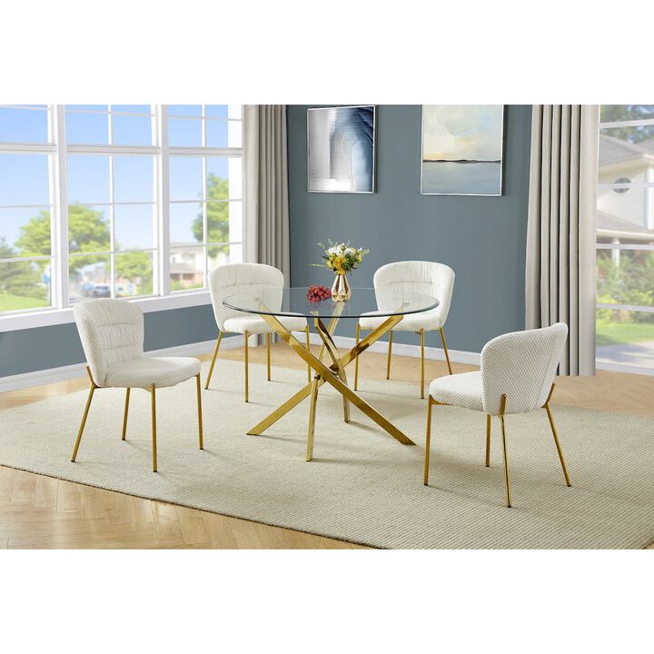 Best Quality Furniture Round Tempered Glass Dining Table With 4 Cream Side Chairs