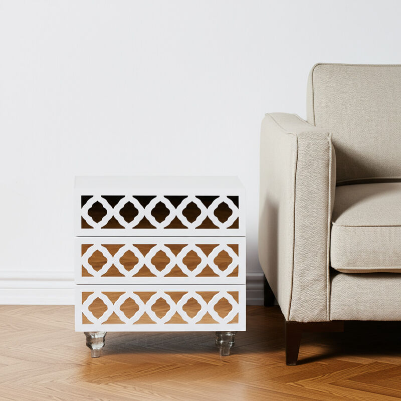 HomeRoots 24" Light Gray And Mirrored Glass Wood Cutwork End Table With Three Drawers image number 1