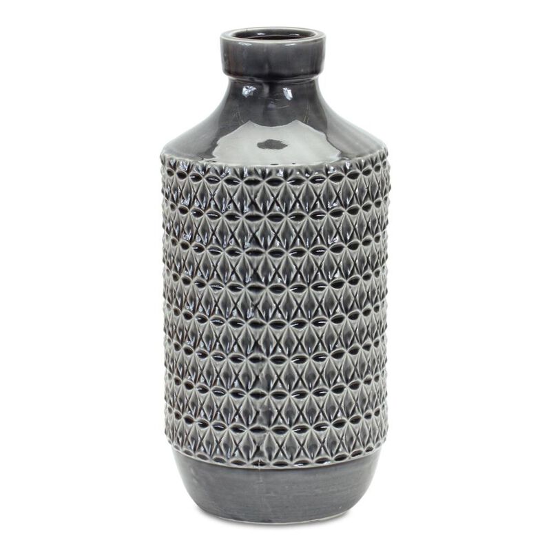 Hivvago 15 Inch Gray Geometric Cylinder Terracotta Table Vase