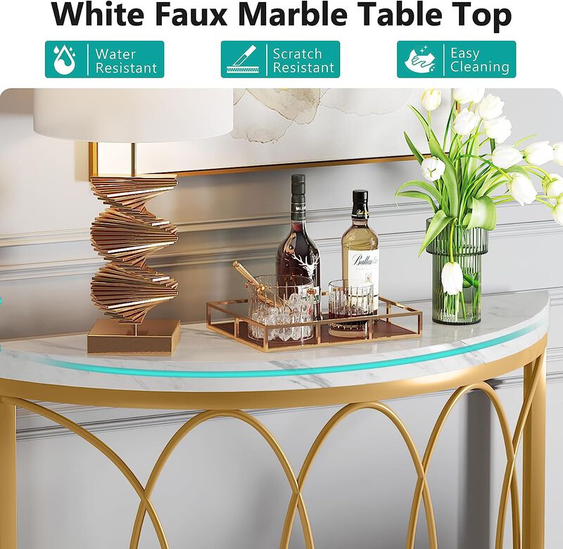 Half Moon Console Table with Faux Marble Top, Sofa Entryway Table-White image number 6