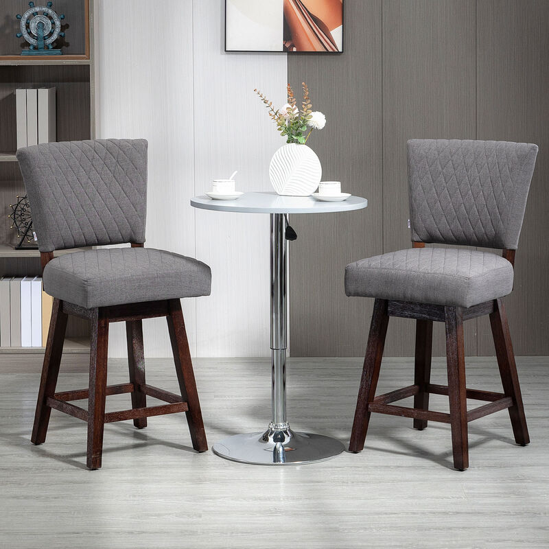 HOMCOM Counter Height Bar Stools, Set of 2, Swivel Barstools 26.5 Inch Seat Height with Back, Rubber Wood Legs and Footrests, for Kitchen Dining Room Pub, Grey
