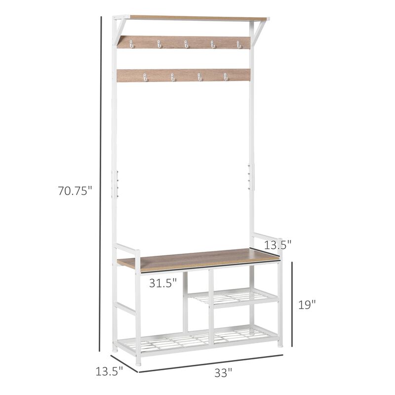 Natural/White Entryway: Hallway Tree Bench with Hooks and Shelves