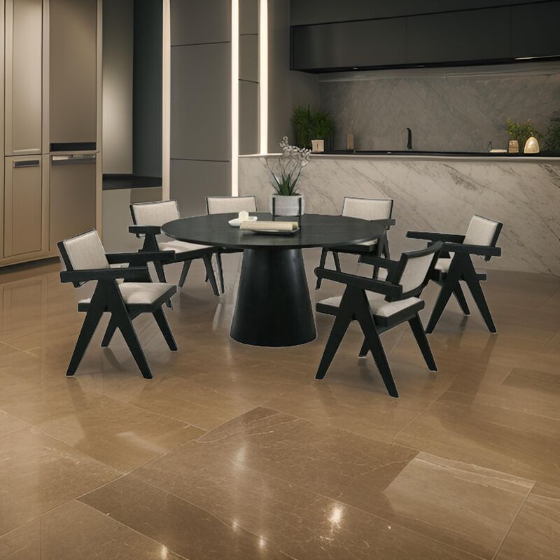 Bili 7pc Round Dining Table and 6 Armchairs Set, Open Back, Beige, Black - Benzara