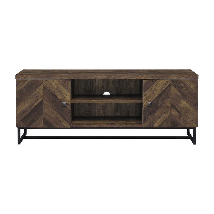 60 Inch TV Media Console Cabinet, 2 Herringbone Doors, Rustic Brown Wood - Benzara