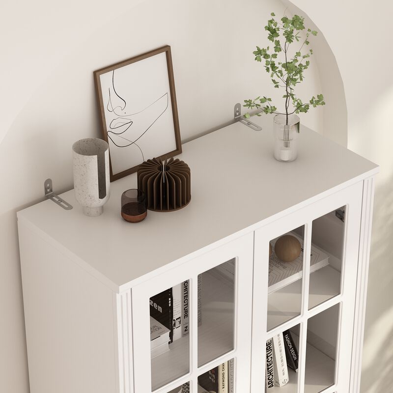 White Wooden 31.5 in. W Buffet Pantry Cabinet Kitchen Cabinet with Adjustable Shelves and Tempered Glass Doors, Drawers