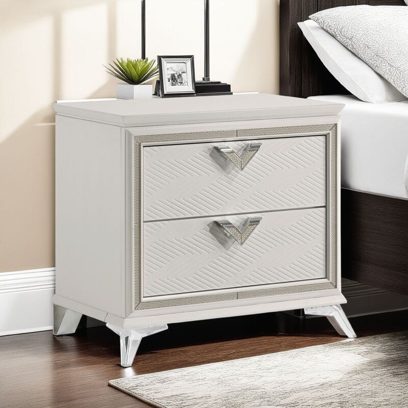Dery Nightstand, 2 Drawers Chrome Triangle Handles, Gold White Wood - Benzara