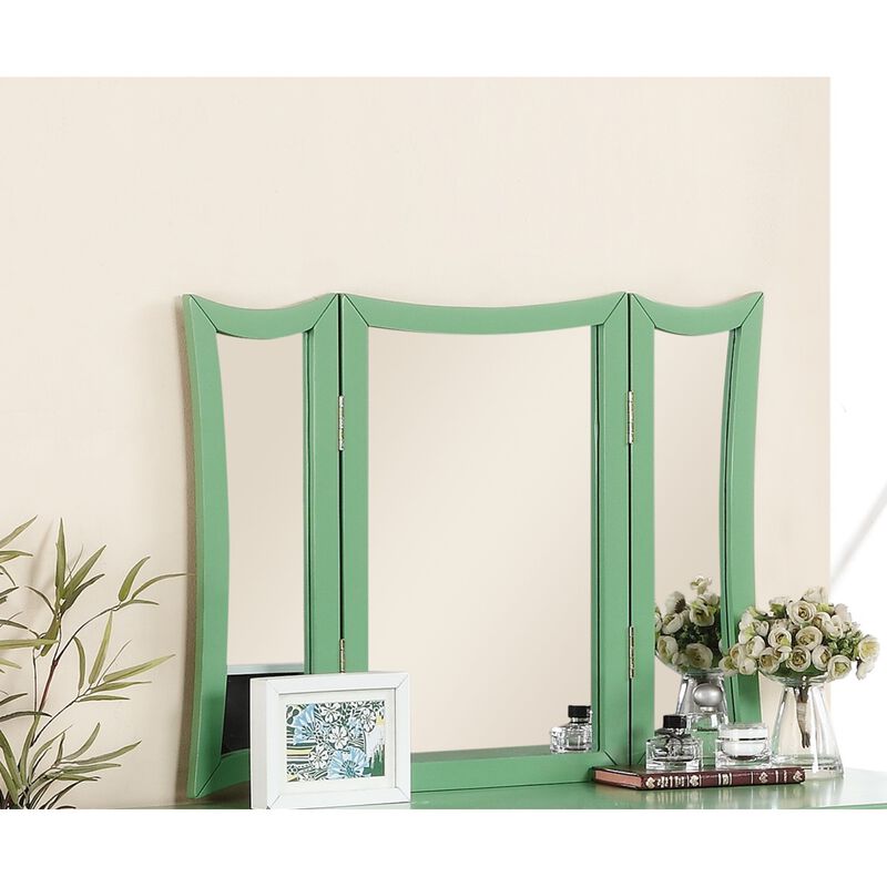 Unique Modern Bedroom Vanity Set w Stool Foldable Mirror Drawers Apple Green Color MDF Veneer 1pc Vanity Furniture