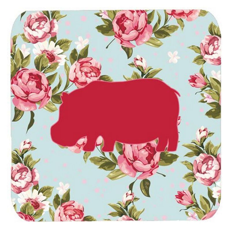 Caroline's Treasures BB1130-RS-BU-FC Hippopotamus Shabby Chic Blue Roses Foam Coasters (Set of 4), 3.5 H x 3.5 W, Multicolor