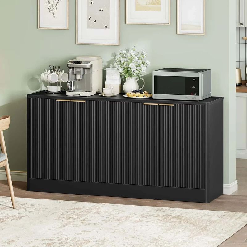 Modern Sideboard Cabinet with Wave Pattern and Adjustable Storage Shelving-Black image number 1